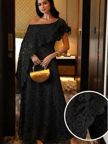 Modelyn Women's Elegant Asymmetrical Shoulder Long Dress For Party - Black - View 9