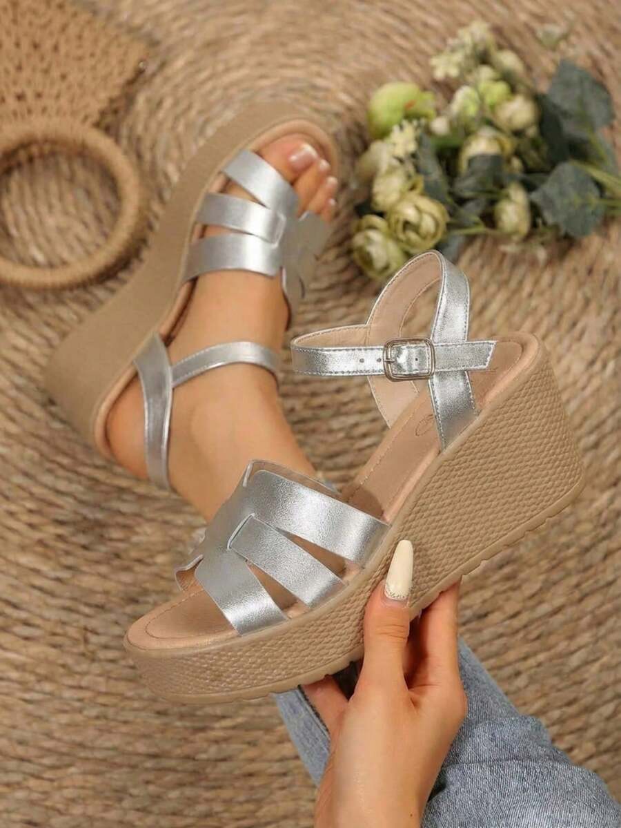 230 Sandalias de plataforma tipo cuña plastico con hebilla ajustable ligeras - PLATA - Ver 1