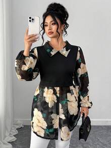 SHEIN Elenzya Plus Size Women Floral Print Ruched Casual Versatile Daily Wear Long Sleeve Top - Multicolor - View 6