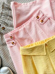 SHEIN Genkimix Kids 3件套少女休闲都市通勤风宽松直筒裤，阔腿裤，黄色、粉色、格子拼接，时尚夏季 - 黃色 - 查看 3