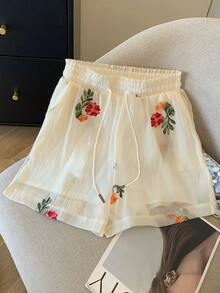 Resyla Loose Regular Chiffon Floral Print Drop Shoulder Long Sleeve Shirt + Shorts Set - Yellow - View 5