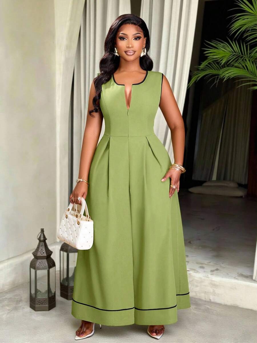Brilight Phong cách thanh lịch dành cho nữ mùa Xuân/Hè, trang phục công sở đơn giản, phù hợp cho mùa tựu trường, Lễ Tạ ơn, hẹn hò, kỳ nghỉ, áo liền quần ống rộng không tay với khóa kéo phía trước, trang phục mùa hè. - màu xanh lá - View 1