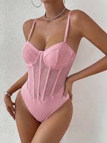 Glamine Women's Pink Rhinestone Decor Camisole Bodysuit - Pink - View 4