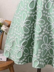 SHEIN 菱形领，提花织纹面料，法式A字长裙，优雅高腰修身，时尚优雅，适合少女夏季穿着的中长连衣裙，女士夏季连衣裙，彼得潘领连衣裙，短袖连衣裙，印花连衣裙 - 綠色 - 查看 5