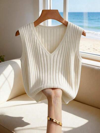 Franclia 新款休闲宽松奶油色韩版简约罗纹针织无袖开衫，优雅V领设计，日常、工作、休闲法式风格皆宜，简约魅力，现代女性通勤针织上衣