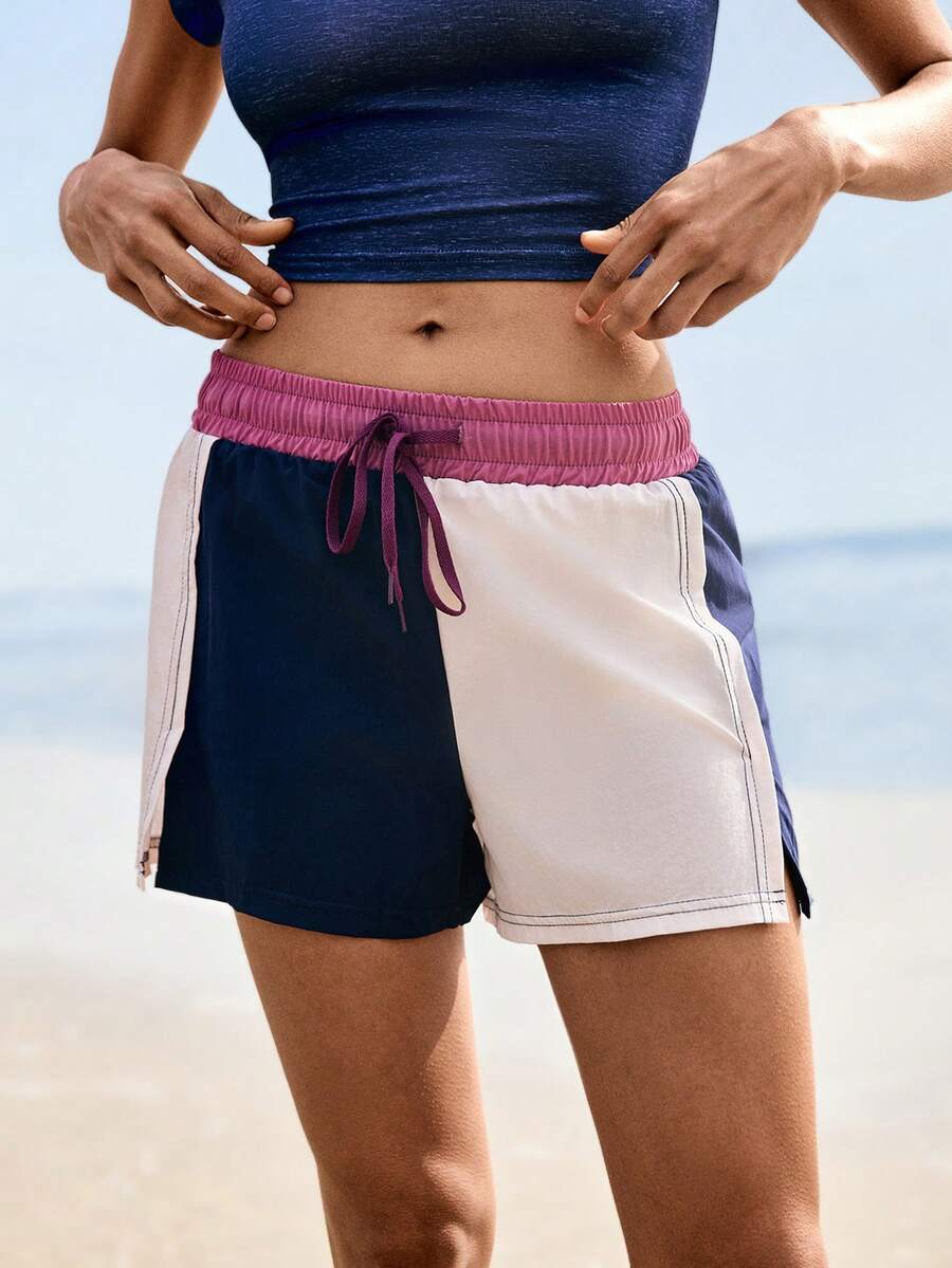 SHEIN Women's Low-Stretch Color Block Shorts - Navy Blue - View 1