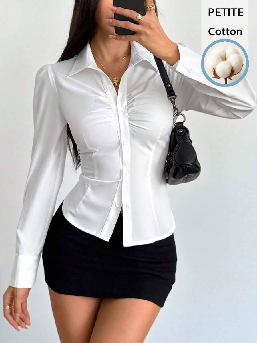 SHEIN PETITE 小码女士休闲简约白色棉质梭织衬衫,胸前褶皱装饰,适合春夏穿着,办公场合百搭,日常百搭。 - 白色 - 查看 1