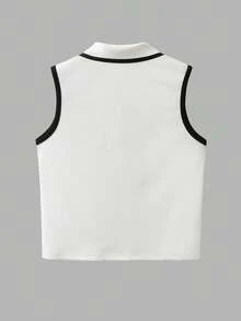 Franclia Women's Elegant Contrast Trim Sleeveless Polo Neck T-Shirt - Grey - View 2