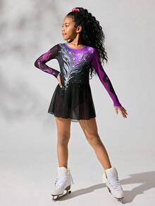 SHEIN Leotardo de manga larga para patinaje artístico para niñas preadolescentes, diseño degradado de colores, falda de malla suave y elástica, cómodo para actuaciones y entrenamientos de patinaje artístico - Multicolor - Ver 6