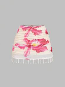 Sweetra 女士碎花网纱低腰迷你裙，定制珍珠流苏沙滩装，夏季下装，时尚派对夜店装，春夏款 - 彩色 - 查看 1