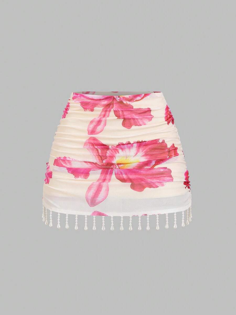 Sweetra 女士碎花网纱低腰迷你裙，定制珍珠流苏沙滩装，夏季下装，时尚派对夜店装，春夏款 - 彩色 - 查看 1