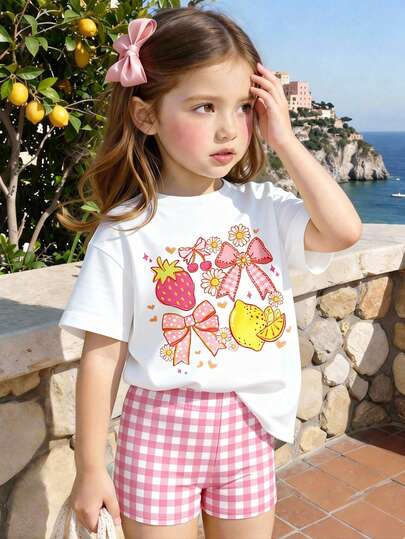 2pcs/Set Baby Girl Outfit, Sweet & Cute Strawberry, Bow, Floral Print Short Sleeve T-Shirt And Pink & White Plaid Print Shorts Set, Suitable For Summer Outings