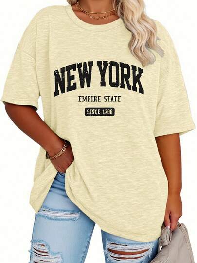 EMERY ROSE Camiseta de talla grande de longitud media, camiseta de manga corta de cuello redondo de corte holgado y casual para mujer con estampado minimalista de la letra Los Ángeles