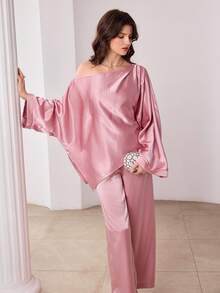 Modelyn Women's Satin Asymmetric-Shoulder Soft Pink Loose Top And Wide-Leg Pants 2 Pieces Set - Pink - View 5