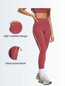 Gameset SHEIN Sport Women's Mauve High Waist Leggings With Mesh Panels & White Contrast Piping,Compression Curved Contrast Line,Skin Friendly Fit Lifting Leggings - Burgundy - View 3