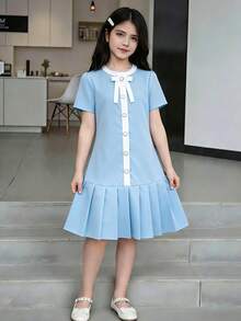 SHEIN 1件装少女夏季新款撞色领短袖褶皱设计蝴蝶结装饰简约甜美学院风连衣裙 - 藍色 - 查看 3