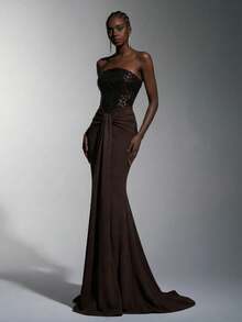 Elitara Elitara Elegant, Romantic, Sexy, Minimalist, Brown, Beaded Fabric, Stretchy Fabric, Long Sleeve, Fishtail Hem, Fashionable, Holiday, Vacation, Birthday Party, Wedding Event, Formal Dinner Dress - Coffee Brown - View 2