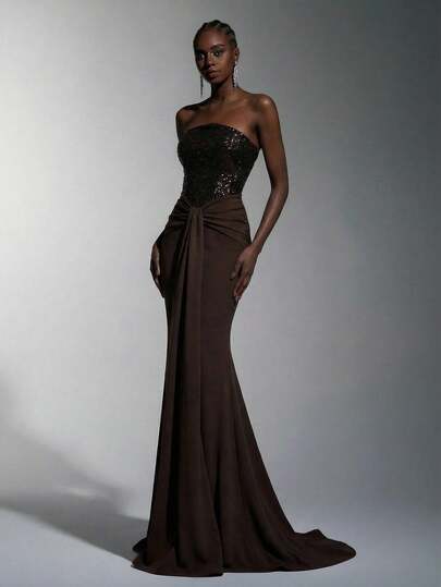 Elitara Elitara Elegant, Romantic, Sexy, Minimalist, Brown, Beaded Fabric, Stretchy Fabric, Long Sleeve, Fishtail Hem, Fashionable, Holiday, Vacation, Birthday Party, Wedding Event, Formal Dinner Dress