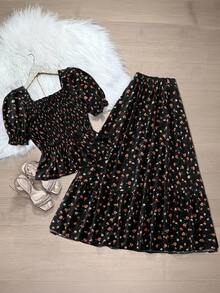 GlowEve CURVE 大码女式浪漫碎花复古方领泡泡袖荷叶边下摆优雅上衣+松紧腰休闲度假半身裙两件套 - 黑色 - 查看 2