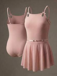 少女粉色极简主义高弹力无袖紧身衣，配有蝴蝶结和网纱镂空设计，适合学校、专业训练、芭蕾舞、体操、舞蹈工作室练习。 - 粉色 - 查看 3