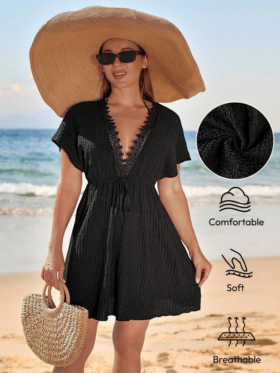 Swim Lushoire 女士夏季沙滩V领波西米亚蕾丝边蝙蝠袖纯色纹理弹力腰带优雅休闲度假罩衫 - 黑色 - 查看 1