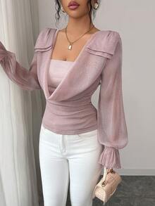 Modelyn Women's Elegant Commuter Shiny Draped Neck Cinched Waist Blouse,Pink Top - Pink - View 6