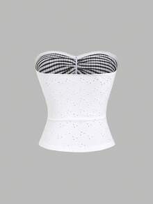 Sweetra Women's New Fashion Versatile Plaid Patchwork Hollow Out Jacquard Camisole Top - White - View 2