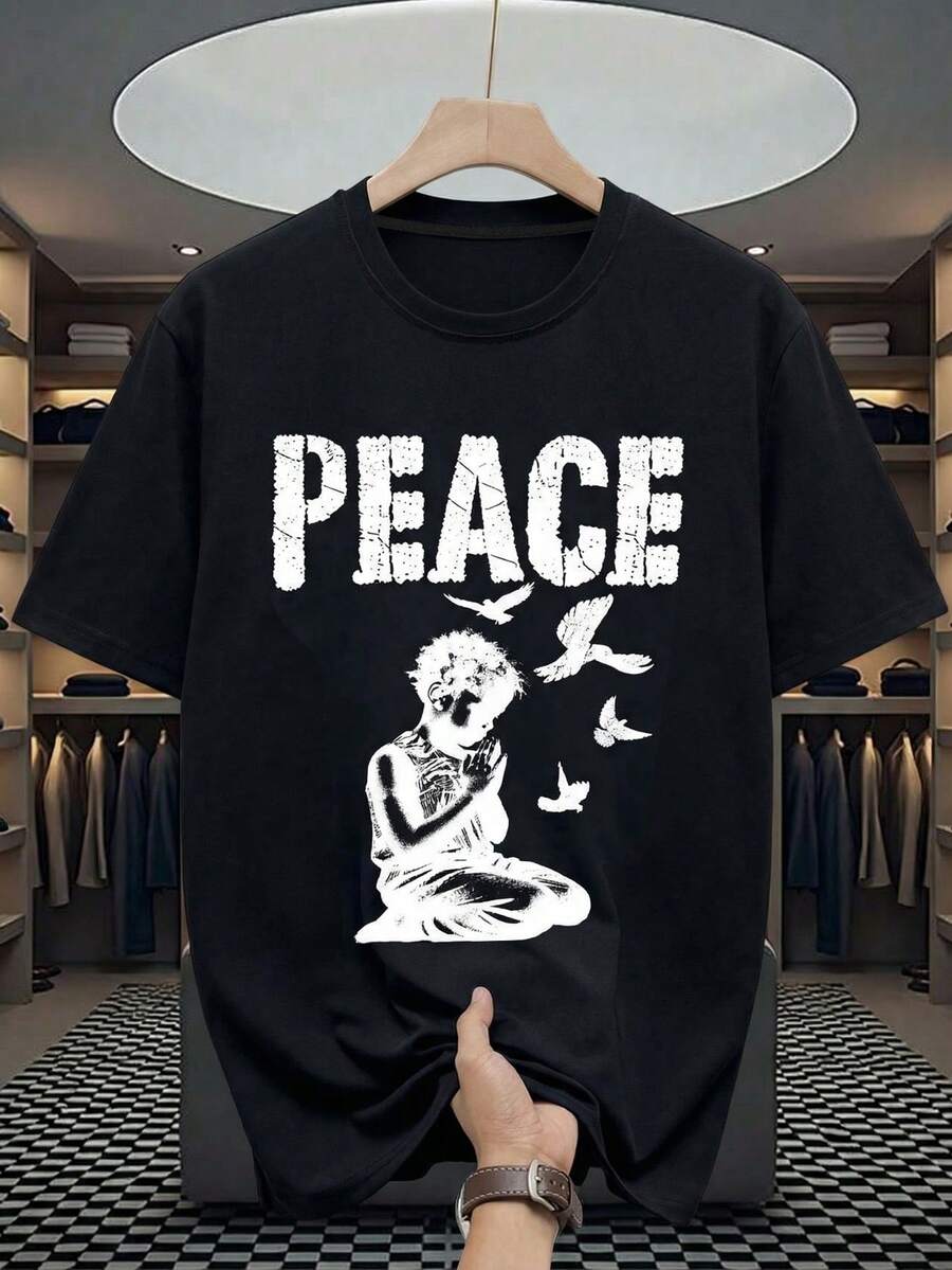 Manfinity Homme Men's Letter & Pigeon Print Crew Neck Short Sleeve Loungewear Top - Black - View 1