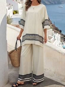 Balvessa 2pcs/Set Women Casual Vacation Summer Placement Print Pattern Round Neck Loose Comfortable Shirt + Pants - Apricot - View 7