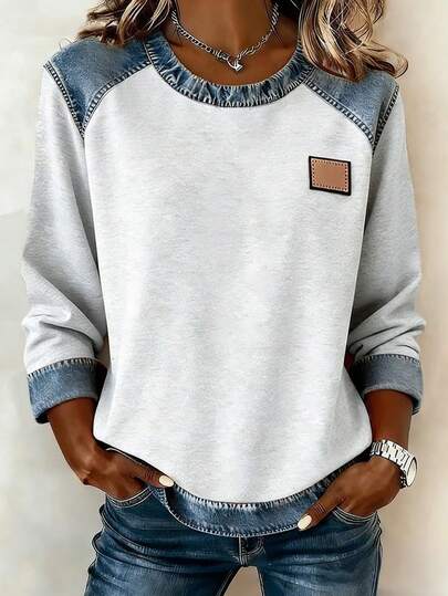 EMERY ROSE Plus size colorblock T-shirt met lange mouwen, casual voor de lente en herfst.