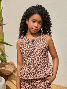 SHEIN Tween Girls Crew Neck Sleeveless Bow Decor Leopard Print Ruffle Hem Summer Shirt Set - Multicolor - View 4