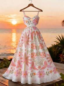 GlowEve 女士热带花卉鹦鹉印花露背蝴蝶结腰身A字型沙滩度假优雅迷人休闲音乐节通勤性感时尚约会法式街头复古百搭春夏无袖长款连衣裙，浅粉色，多种颜色可选，新品上市 - 彩色 - 查看 1