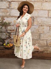 GlowEve CURVE Plus Size Women's V-Neck Floral Print Twist Ruched Fashion Date Party Dress, Suitable For Summer - Apricot - View 6