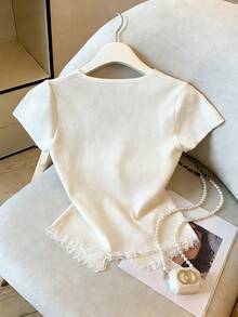 Everyssa New Arrival Comfortable Soft Casual Party Cardigan With Contrast Lace V-Neck Knit Blouse, Spring/Summer - White - View 2