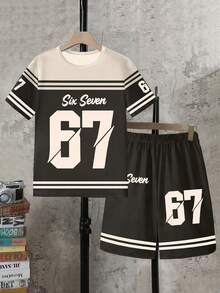 SHEIN 2件套青少年男童短袖圆领T恤+口袋短裤 - 彩色 - 查看 4