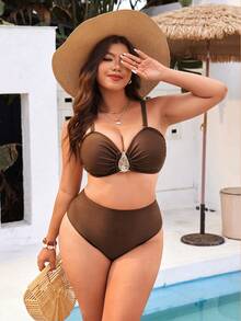 Swim Vcay 2026 New Plus Size Swimwear Set, Shiny Fabric Bandeau Top With Detachable Adjustable Straps, High-Waisted Swim Shorts, Sexy Beach Vacation Pool Outfit - Coffee Brown - View 6
