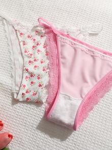 3pcs Lace Patchwork Floral Print Women's Briefs - Multicolor - View 4