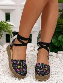 Alpargata clara tipo yute con bordado floral y cintas - Negro - View 6