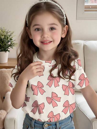 SHEIN Baby Girl Casual Cute Pink Bow Print Short Sleeve Round Neck T-Shirt, Suitable For Summer