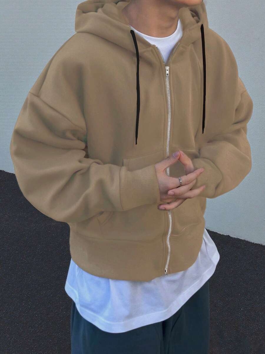 Manfinity Hypemode 加大码男士休闲运动拉链连帽衫 - 卡其色 - 查看 1