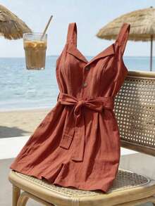 GlowEve Women's Elegant Sleeveless Button Jumpsuit, Suitable For Commuting - Redwood - View 7