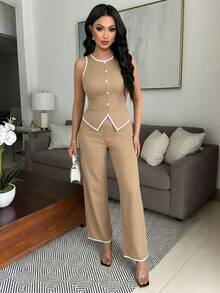 Black & White Contrast Color Block Sleeveless Thin 2 Pieces Set With Elegant Metal Buttons For Women - Khaki - View 5