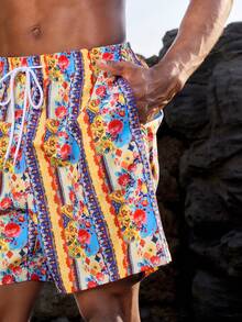 Manfinity VDAYZ Men's All-Over Print Drawstring Waist Casual Beach Shorts,Yellow Summer Boho Holiday Matching Bathing Suits For Men & Women Couple Swimwear Set - Multicolor - View 5