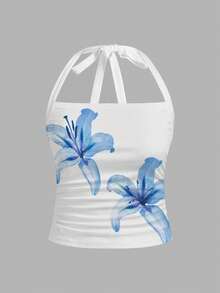 Aloruh 度假风露背扎染蓝色百合花印花修身露背上衣 - 百搭运动时尚夏季海滩度假装扮，适合夏威夷之旅、春假、音乐节、热带岛屿婚礼、周年纪念日等场合 - 彩色 - 查看 6