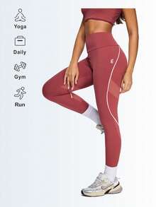 Gameset SHEIN Sport Women's Mauve High Waist Leggings With Mesh Panels & White Contrast Piping,Compression Curved Contrast Line,Skin Friendly Fit Lifting Leggings - Burgundy - View 7