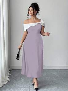 SHEIN PETITE Gaun A-Line Midi Wanita Ukuran Plus Elegan dengan Blok Warna, Tali Bahu Tipis, Bahu Terbuka, dan Pita, Musim Panas - Purple - View 4