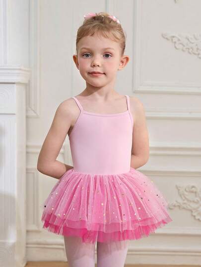 Young Girls' Soft & Stretchy Ombre Pink Camisole Romper Tutu Dress, Skin-Friendly Elastic Fabric Suitable For Yoga, Dance, Gymnastics, Ballet Practice, Parties And Casual Occasions