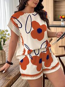 SHEIN VCAY Plus Size Women's Casual Floral Print Loose Shorts Set, Spring/Summer - Multicolor - View 5