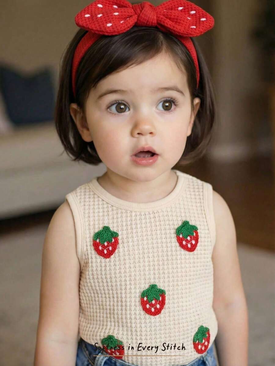 Cozy Pixies 女婴草莓图案针织柔软圆领无袖背心 - 彩色 - 查看 1