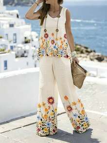 EMERY ROSE Women's Floral Print V-Neck Camisole And Wide Leg Pants Casual 2-Piece Set - Multicolor - View 1